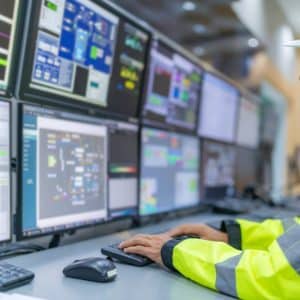 Engineer working at control room,Manager control system,Technician man monitoring program from a lot of monitor