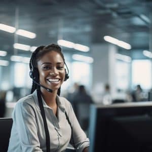 Customer service representative with curly hair talking through headset, Generative AI Illustration