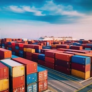 storage containers waiting to be imported or exported on a harbour dock. cargo delivered by goods for customs examination prior to distribution shipment. Logistical maritime